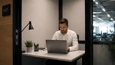 Mężczyzna w białej koszuli pracuje przy laptopie w nowoczesnym biurze.