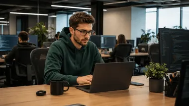 Programista w biurze pracuje na laptopie, obok monitory z kodem i współpracownicy w tle.