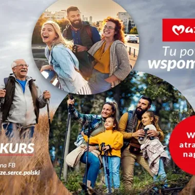 Kolaż promocyjny przedstawiający uśmiechnięte osoby w różnym wieku podczas aktywności na świeżym powietrzu: spaceru miejskiego, wędrówki z kijkami i wypoczynku
