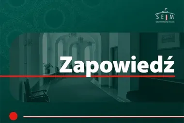 Graficzna zapowiedź Sejmu RP z widokiem korytarza w budynku parlamentu.